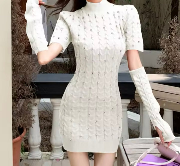 Women Fashion Bling Knitted Removable Sleeve Dress