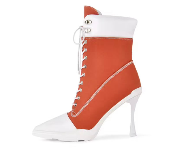 Women Color Patchwork Pointed Toe Lace Up Ankle Boots