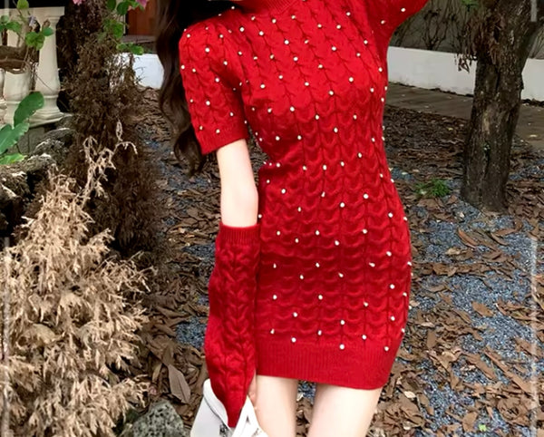 Women Fashion Bling Knitted Removable Sleeve Dress