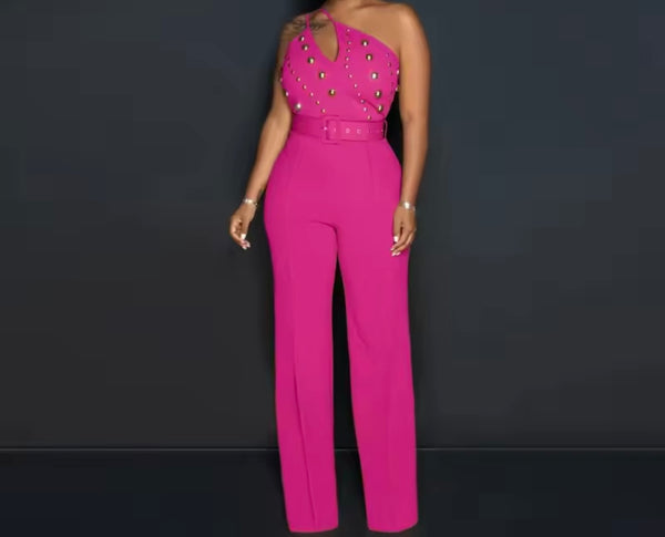 Women Sleeveless Gold Beaded Sexy Jumpsuit