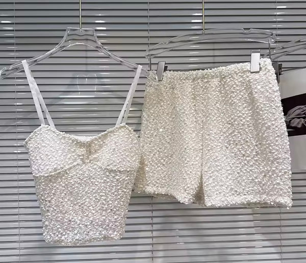 Women White Sequins Fashion Three Piece Short Set