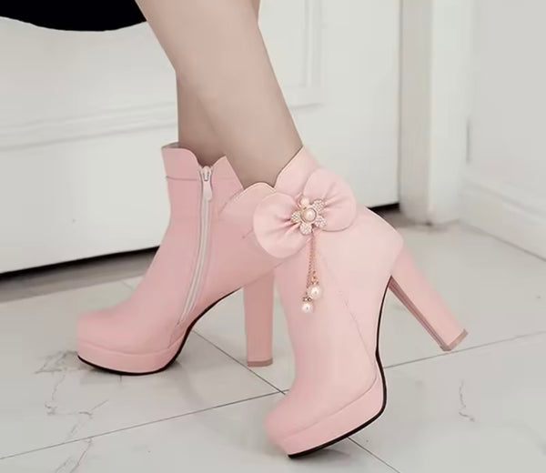 Women Fashion Bling Bow Pearl Tassel High Heel Ankle Boots