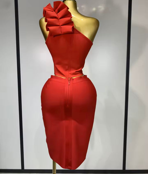Women Sexy Ruffled One Shoulder Sleeveless Two Piece Skirt Set
