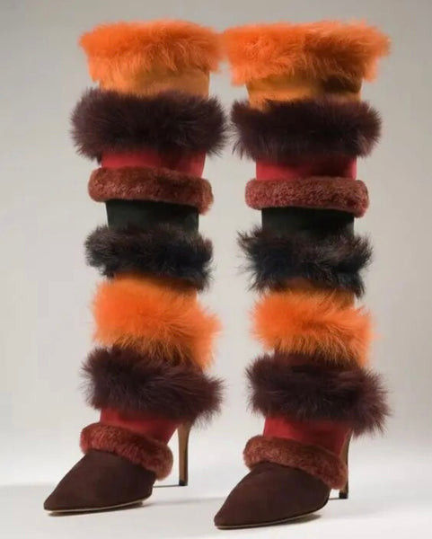 Women Fashion Color Patchwork Faux Fur Suede Knee High Boots