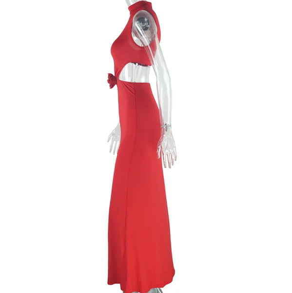 Women Sexy Sleeveless Cut Out 3D Rose Maxi Dress