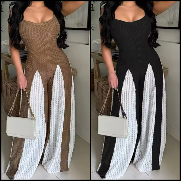 Women Sexy Sleeveless Color Patchwork Wide Leg Jumpsuit