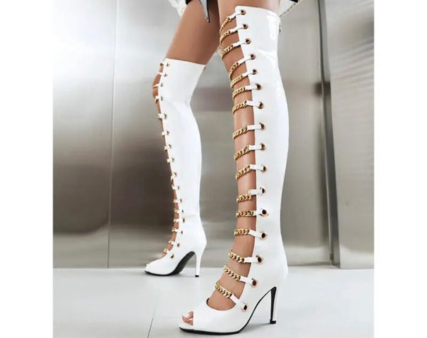 Women Fashion Open Toe Chain Patent Leather Knee High Boots