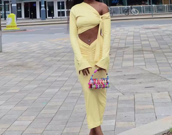 Women Sexy Yellow Ruched Full Sleeve Two Piece Maxi Skirt Set