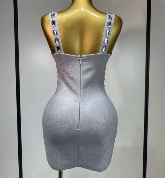 Women Sexy Sleeveless Silver Crystal Dress
