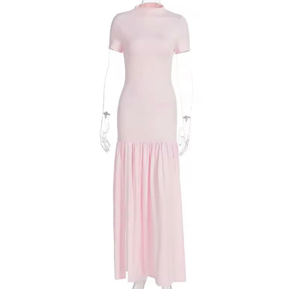 Women Sexy Pink Short Sleeve Pleated Maxi Dress