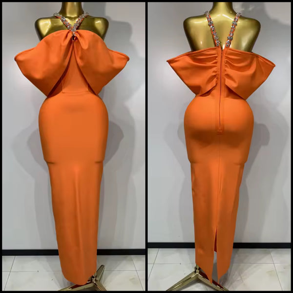 Women Sexy Orange Rhinestone Halter Off The Shoulder Maxi Dress