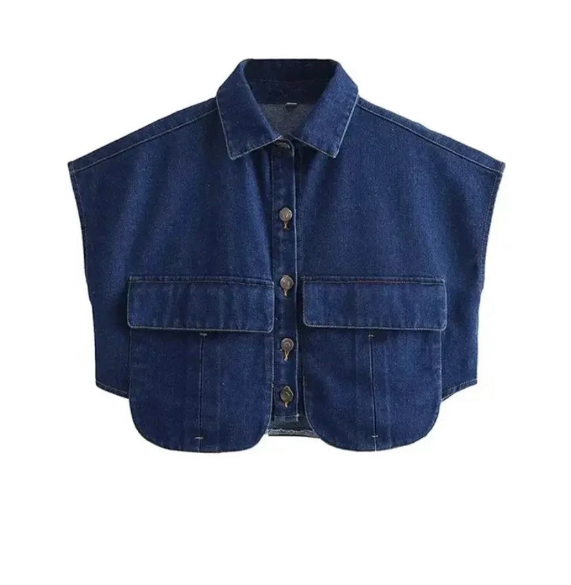 Women Fashion Sleeveless Button Up Denim Crop Top