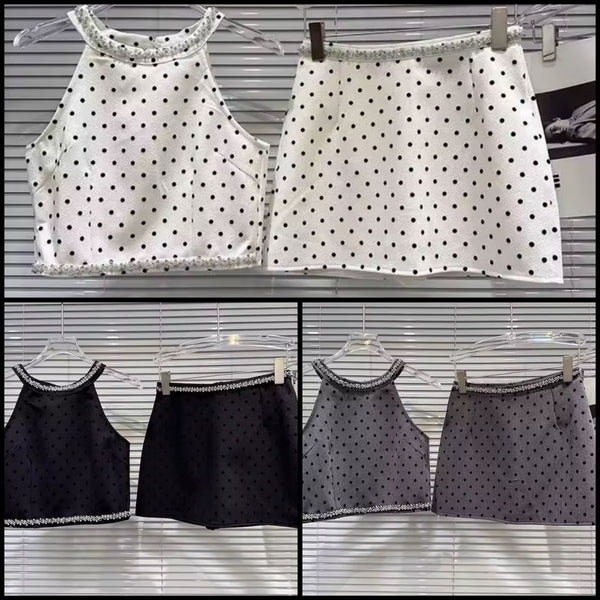 Women Sexy Rhinestone Halter Sleeveless Polka Dot Two Piece Skirt Set