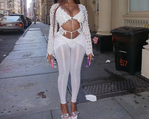 Women Sexy Fashion Solid Color Mesh Two Piece Pant Set
