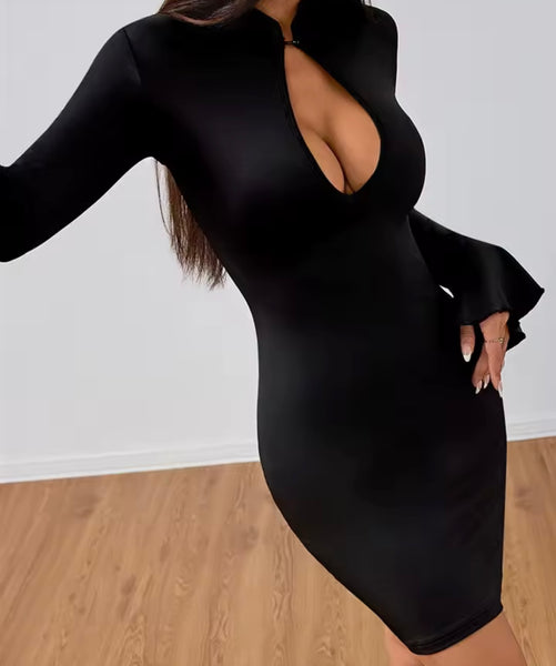 Women Black Cut Out Full Flare Sleeve Sexy Dress