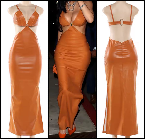 Women Sexy Sleeveless Orange Open Back Faux Leather Maxi Dress