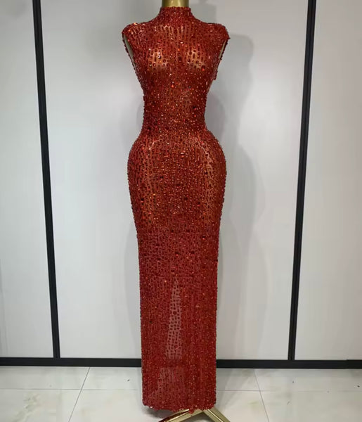 Women Sexy Sleeveless Color Crystal Mesh Maxi Dress