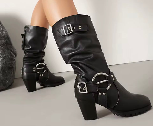 Women Black Fashion Silver Buckle Ruched Ankle Boots