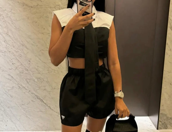 Women Fashion Sleeveless B&W Tie Crop Top