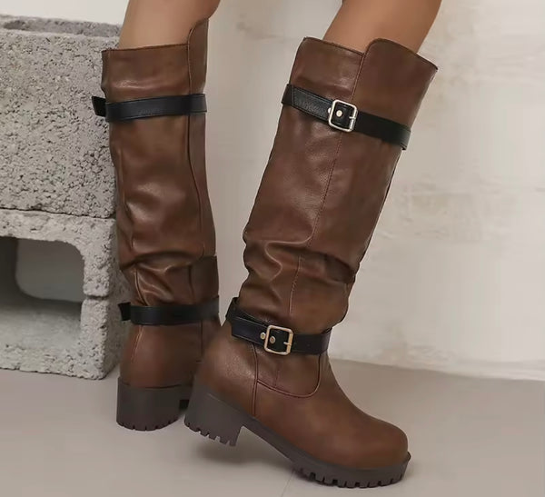 Women Round Toe Double Buckle Fashion Knee High Flat Boots