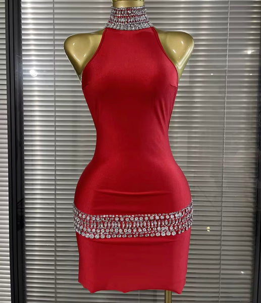 Women Sexy Halter Sleeveless Open Back Rhinestone Dress