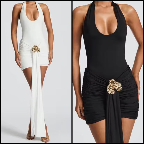 Women Sexy Halter Sleeveless Gold Pin Tassel Ruched Dress