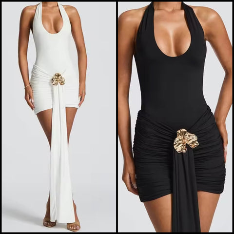 Women Sexy Halter Sleeveless Gold Pin Tassel Ruched Dress