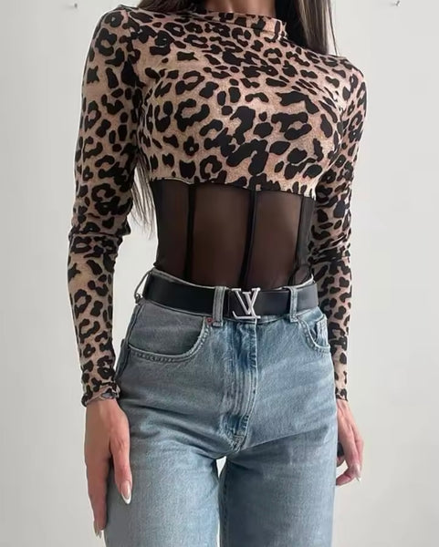 Women Sexy Leopard Mesh Patchwork Full Sleeve Bodysuit Top