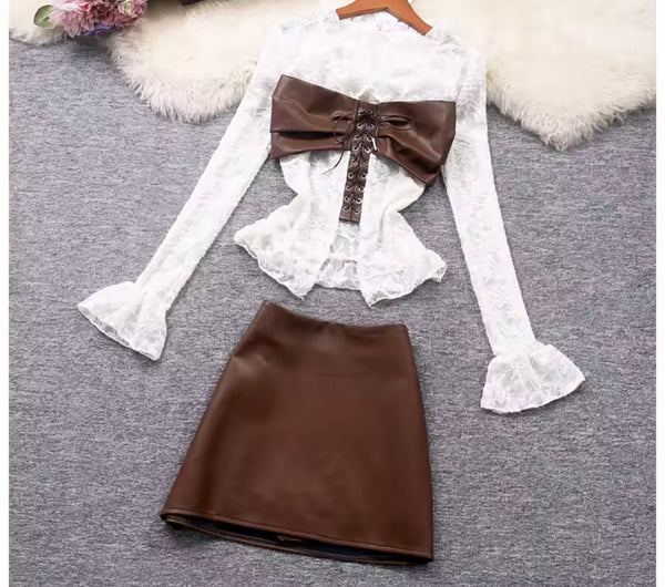 Women Sexy Fashion Lace Full Sleeve Faux Leather Two Piece Skirt Set