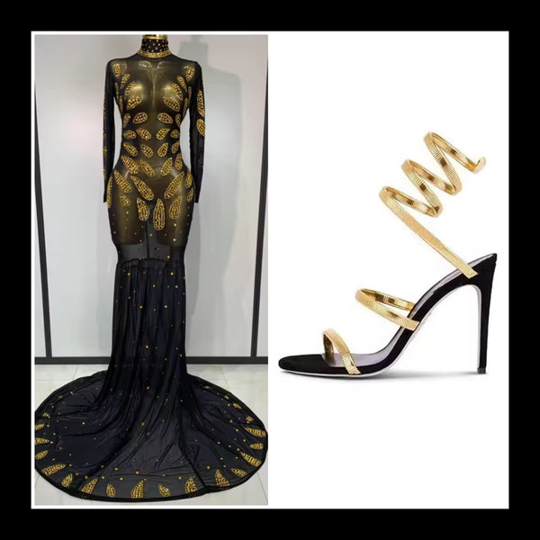 Women Sexy Black Bling Mesh Full Sleeve Maxi Dress