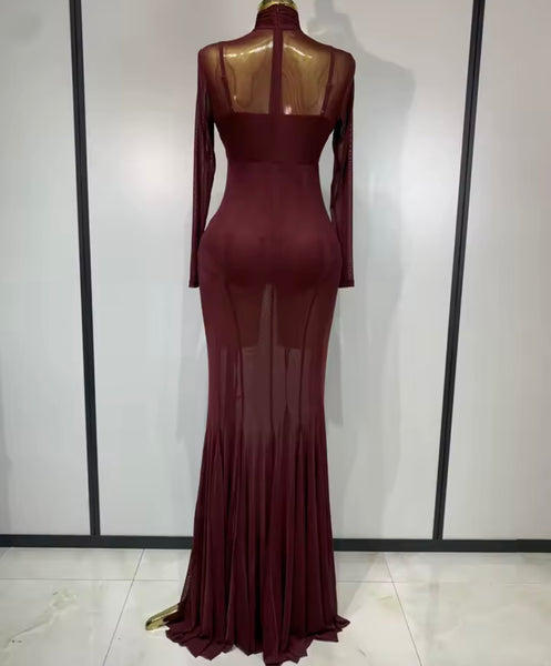 Women Sexy Burgundy Bodysuit Full Sleeve Mesh Maxi Dress