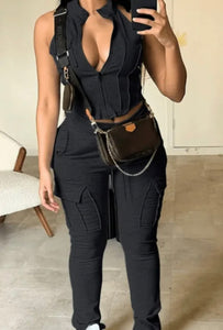 Women Fashion Sleeveless Zip Up Two Piece Cargo Pant Set