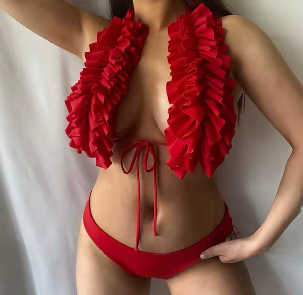 Women Sexy Color Ruffled Halter Bikini Swimsuit