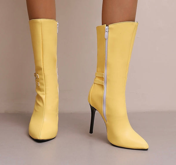 Women Pointed Toe Buckled Faux Leather Fashion Ankle Boots