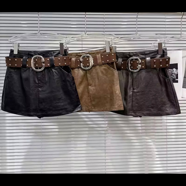 Women Rivet Belted Faux Leather Fashion Skirt