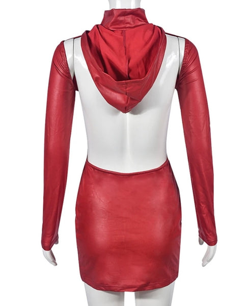 Women Sexy Red PU Hooded Open Back Full Sleeve Dress