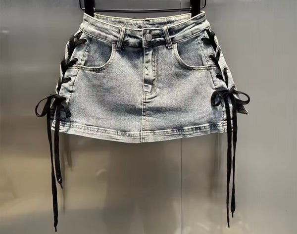 Women Sexy Fashion Side Tie Up Denim Skirt
