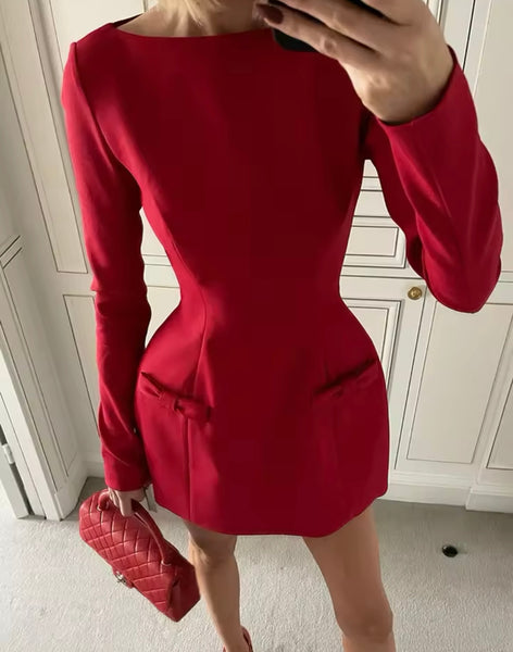 Women Fashion Color Bow Full Sleeve Dress