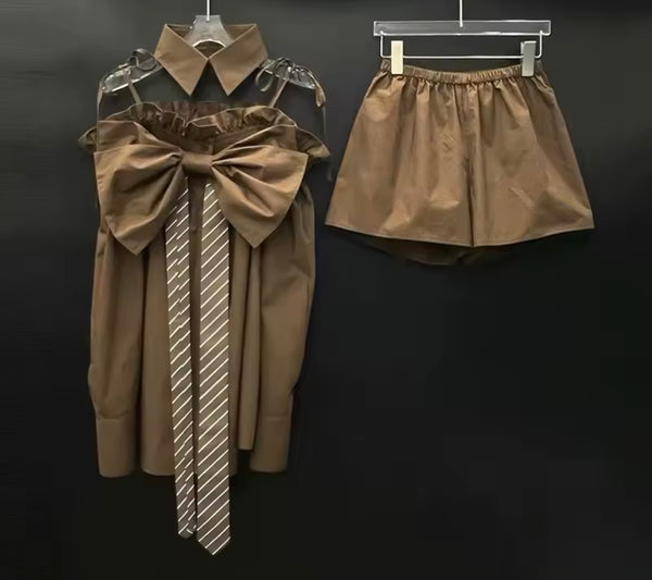 Women Collar Off The Shoulder Striped Bow Two Piece Short Set