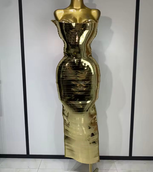 Women Sexy Sequins Strapless Gold Maxi Dress