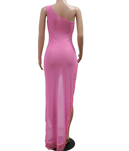 Women Bling Patchwork Fringe One Shoulder Sleeveless Mesh Maxi Dress