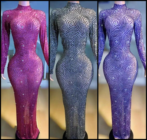 Women Sexy Bling Rhinestone Full Sleeve Mesh Maxi Dress