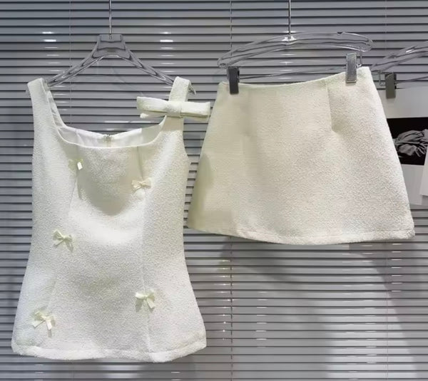 Women Sexy Sleeveless Bow Tweed Two Piece Skirt Set