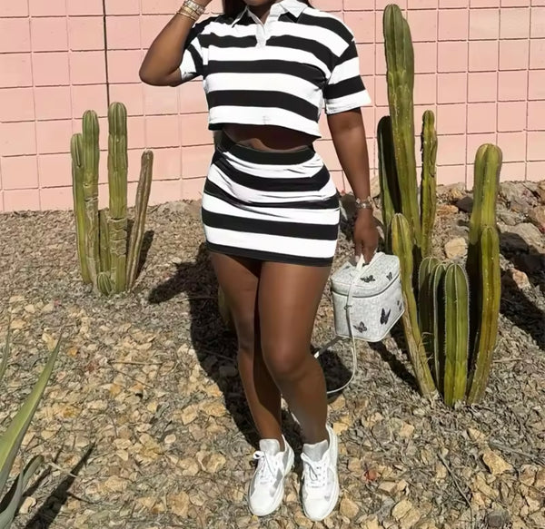 Women Collar Short Sleeve Striped Fashion Two Piece Skirt Set