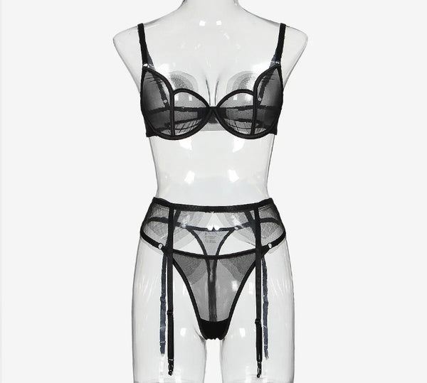 Women Sexy Black Mesh Lingerie Set