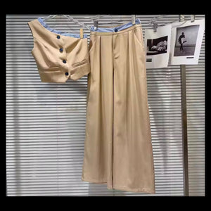 Women Button Up One Shoulder Blazer Vest Two Piece Pant Set