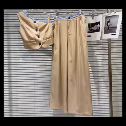 Women Button Up One Shoulder Blazer Vest Two Piece Pant Set