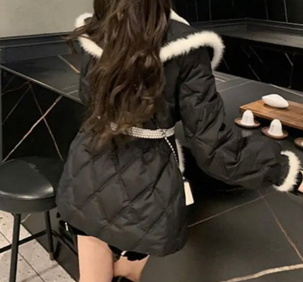 Women Fashion B&W Faux Fur Patchwork Pearl Belted Jacket