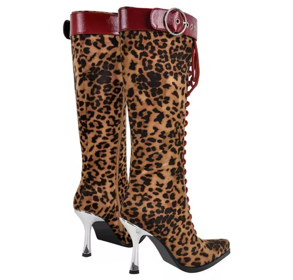 Women Fashion Leopard Suede PU Buckled Knee High Boots