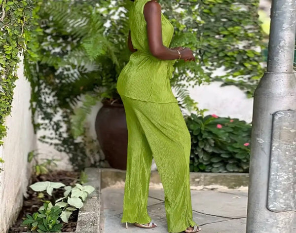 Women Button Up Sleeveless Solid Color Two Piece Pant Set